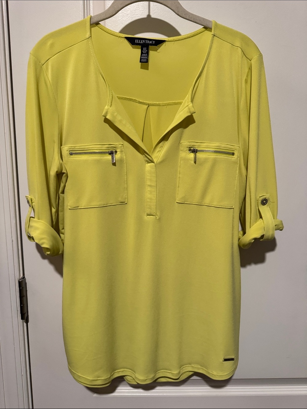 Neon Yellow Blouse with Roll-up Sleeves & Zip Pockets, v-neck, medium